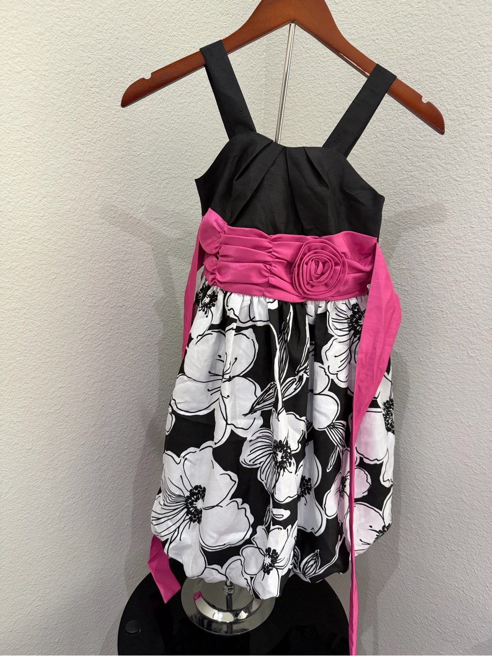 Girls Black & Pink Floral Sash Party Dress